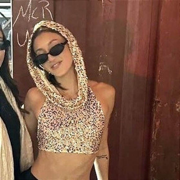 New Small Gold Sequin Cowl Neck Crop Top Festival Rave Glam Sheer Backless - Picture 7 of 7